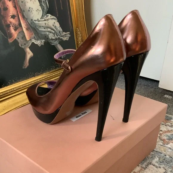 miu miu Capretto Lamina Cammeo metallic rose gold copper open peep toe Mary Jane - Picture 6 of 14